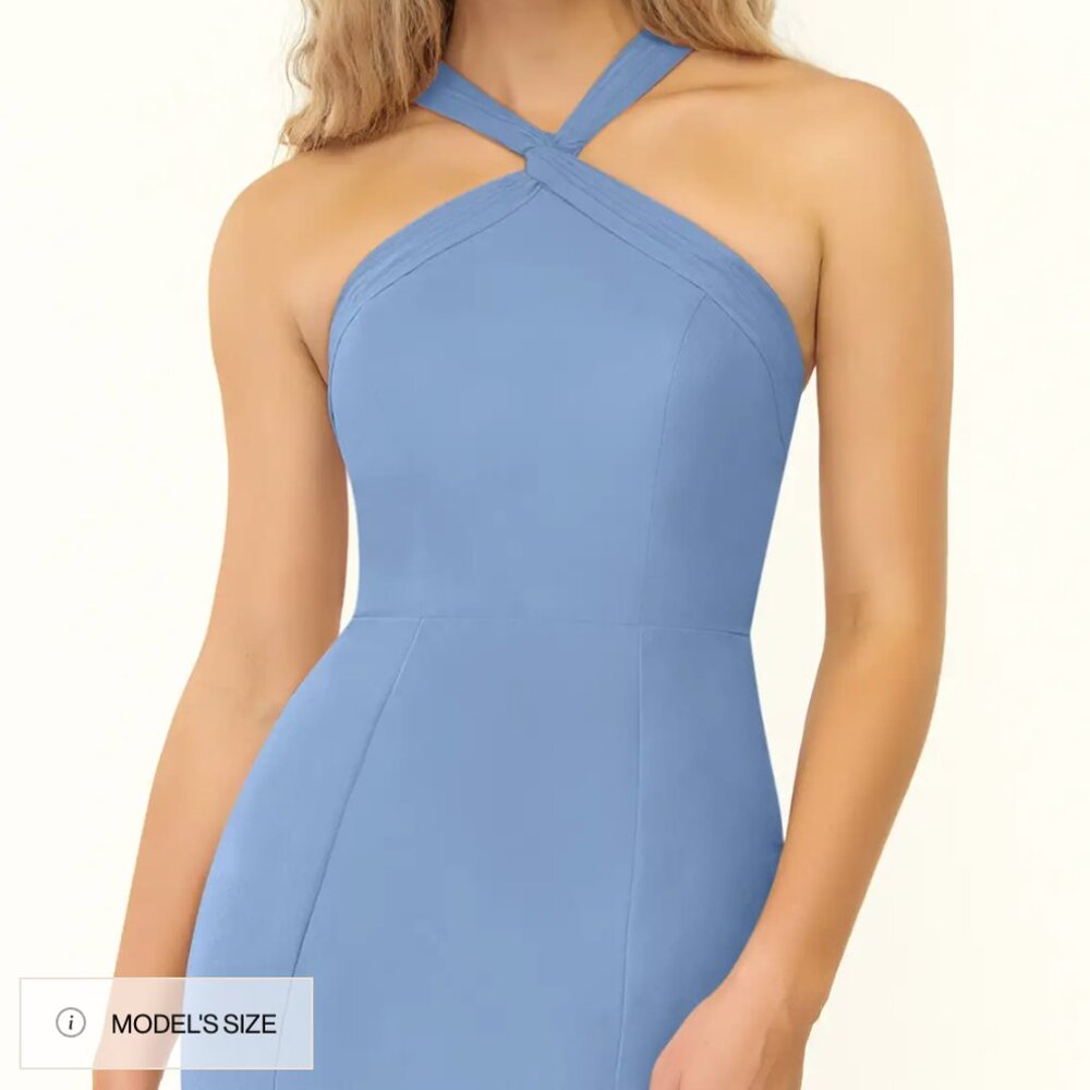Azazie Rue Steel Blue A-Line Halter Chiffon Dress